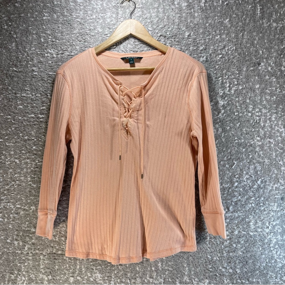 Lauren Ralph Lauren Women Top Medium‎ Peach 3/4 Sleeve V-Neck Cotton Tie